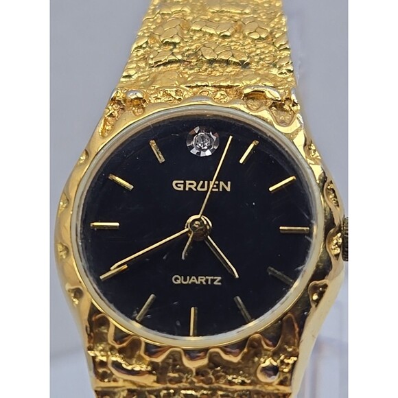 Vintage Gruen Diamond Gold Nugget Black Dial Womens Quartz Watch New Battery - Picture 4 of 10